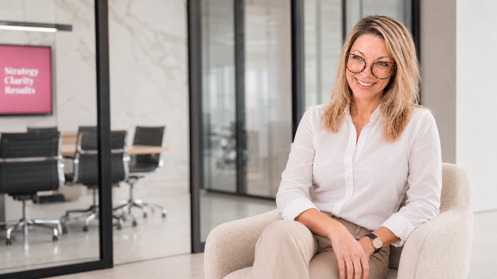 Sara González en un espacio de trabajo, preparada para una sesión de consultoría